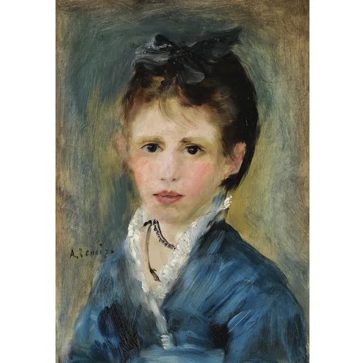 A young woman with dark eyes and a black bow in her hair, wearing a blue dress with a white lace collar and a beaded necklace.