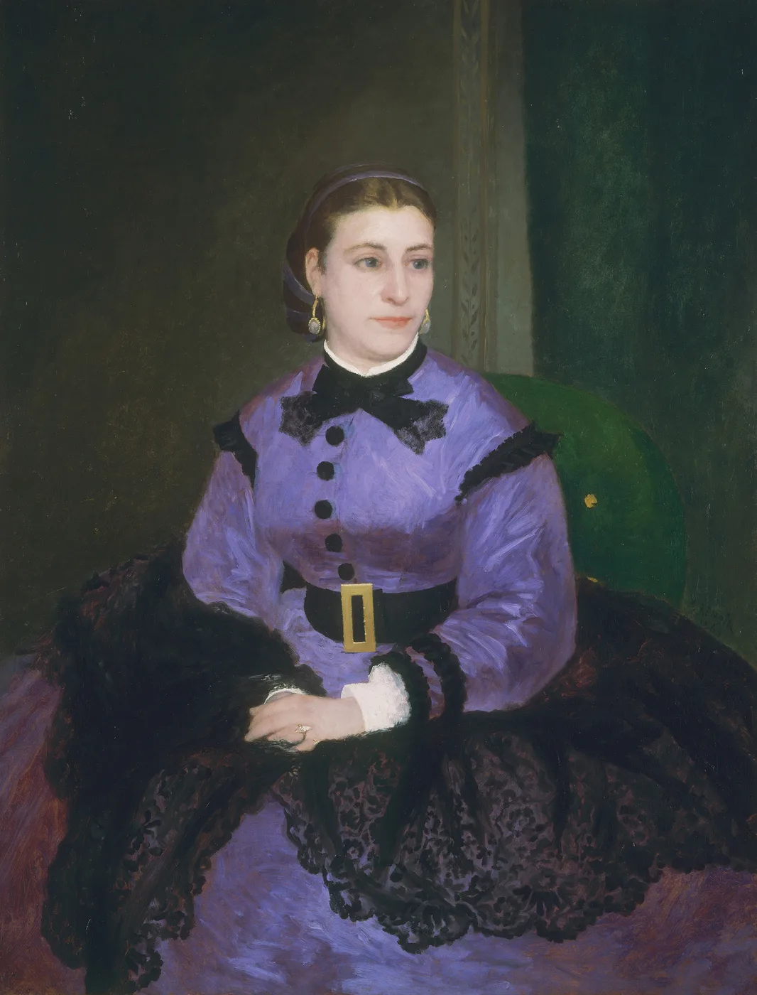 Young woman in a lavender dress with black bow and gold-buckled belt, a black lace shawl draped over her lap.