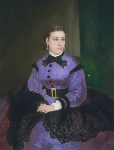 Young woman in a lavender dress with black bow and gold-buckled belt, a black lace shawl draped over her lap.