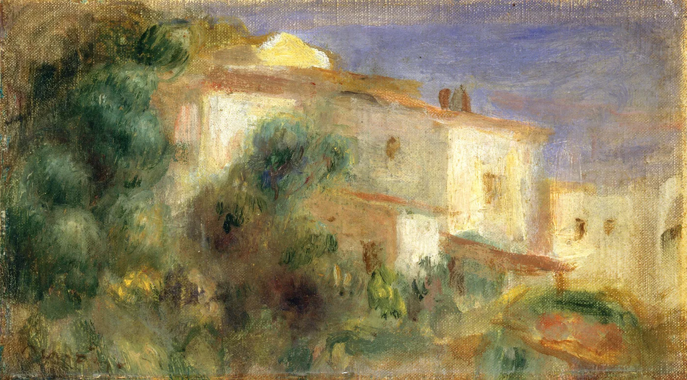 A cream-coloured building with a golden pediment rises among green trees beneath a blue sky.