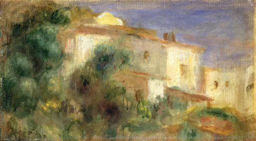 A cream-coloured building with a golden pediment rises among green trees beneath a blue sky.