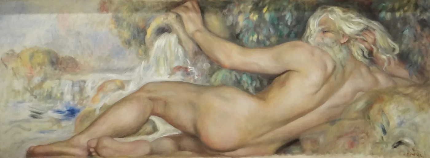 A bearded reclining river-god figure pours water from a vessel in an allegorical riverside scene, in soft pastel tones.