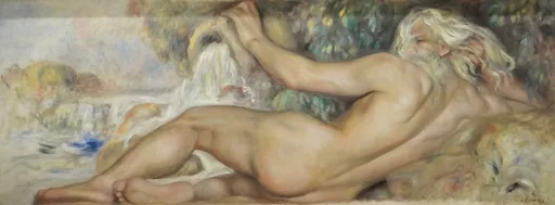 A bearded reclining river-god figure pours water from a vessel in an allegorical riverside scene, in soft pastel tones.