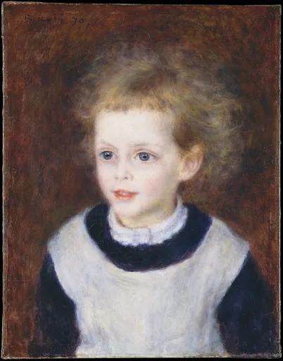 Close-up portrait of a curly-haired blond child with dark eyes in a navy dress with white pinafore, against a brown backdrop.