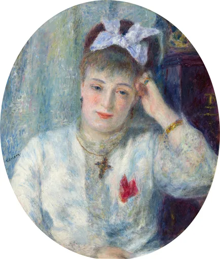 A woman in an oval portrait wears a white bow in her hair and a cross necklace over a white blouse with a red accent.