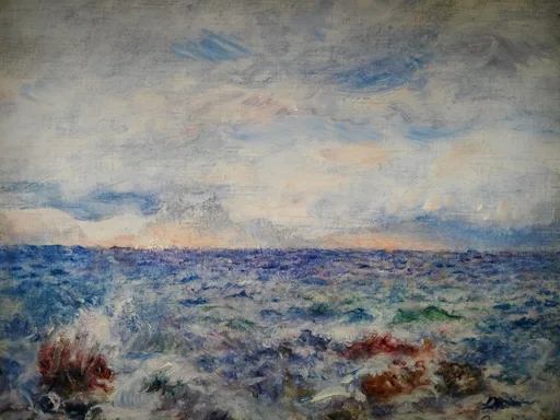 Waves crash over reddish rocks beneath a cloudy sunset sky in soft pastel tones over a deep blue sea.