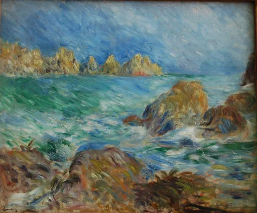 Golden rocky islets rise from a turquoise-green sea, waves breaking over foreground rocks under a windswept blue sky.