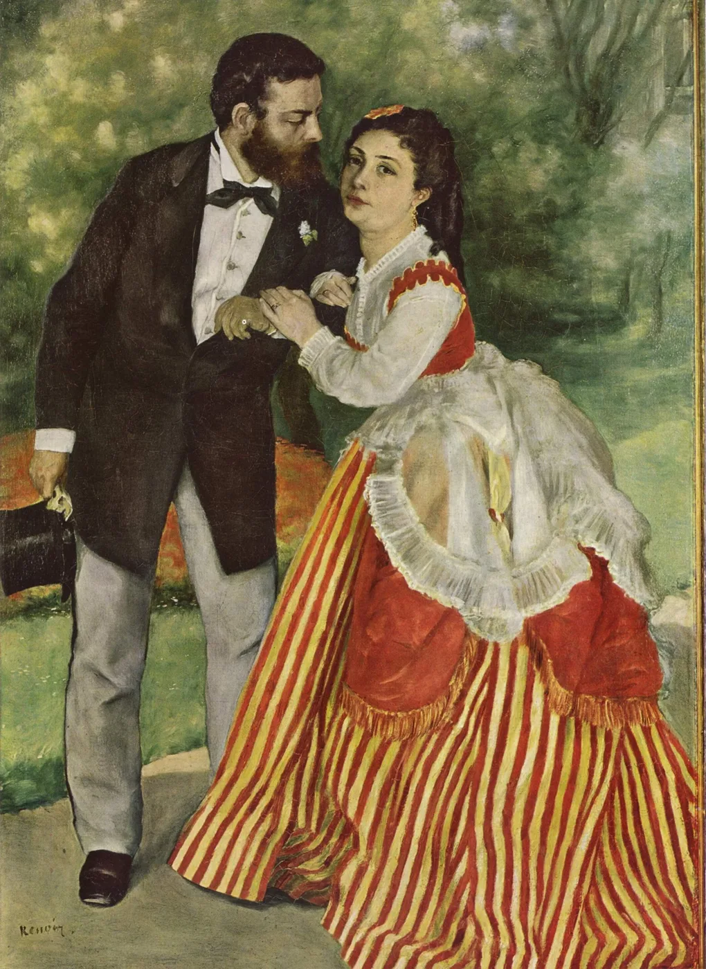 A bearded man in a dark suit walking arm in arm with a woman in a red and yellow striped skirt through a wooded park, in green, red, and white