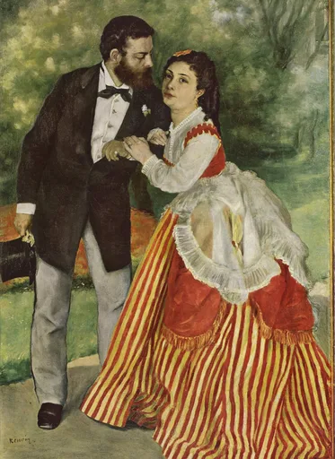 A bearded man in a dark suit walking arm in arm with a woman in a red and yellow striped skirt through a wooded park, in green, red, and white