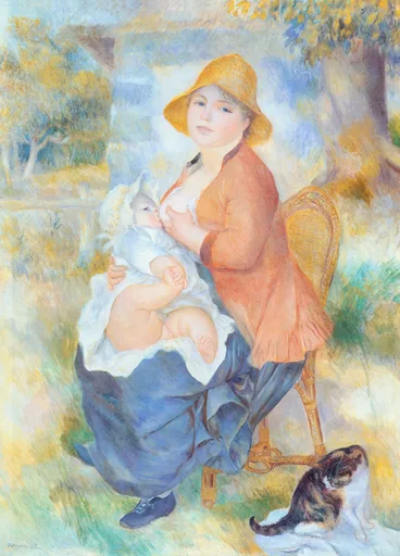 A mother in a straw hat and orange jacket nurses her baby in a wicker chair, a cat at her feet in a garden.