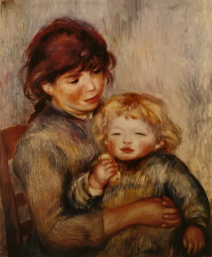 A mother with dark auburn hair holds a blond child eating a biscuit close to her, in muted earth tones.