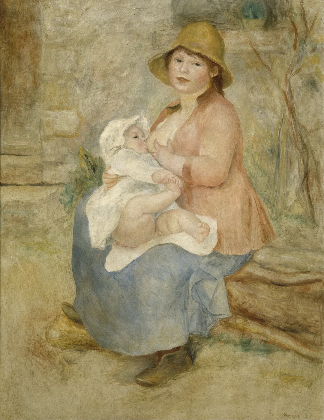 A peasant woman in a straw hat breastfeeds her baby outdoors, seated on a stone ledge, wearing a pink blouse and blue skirt.