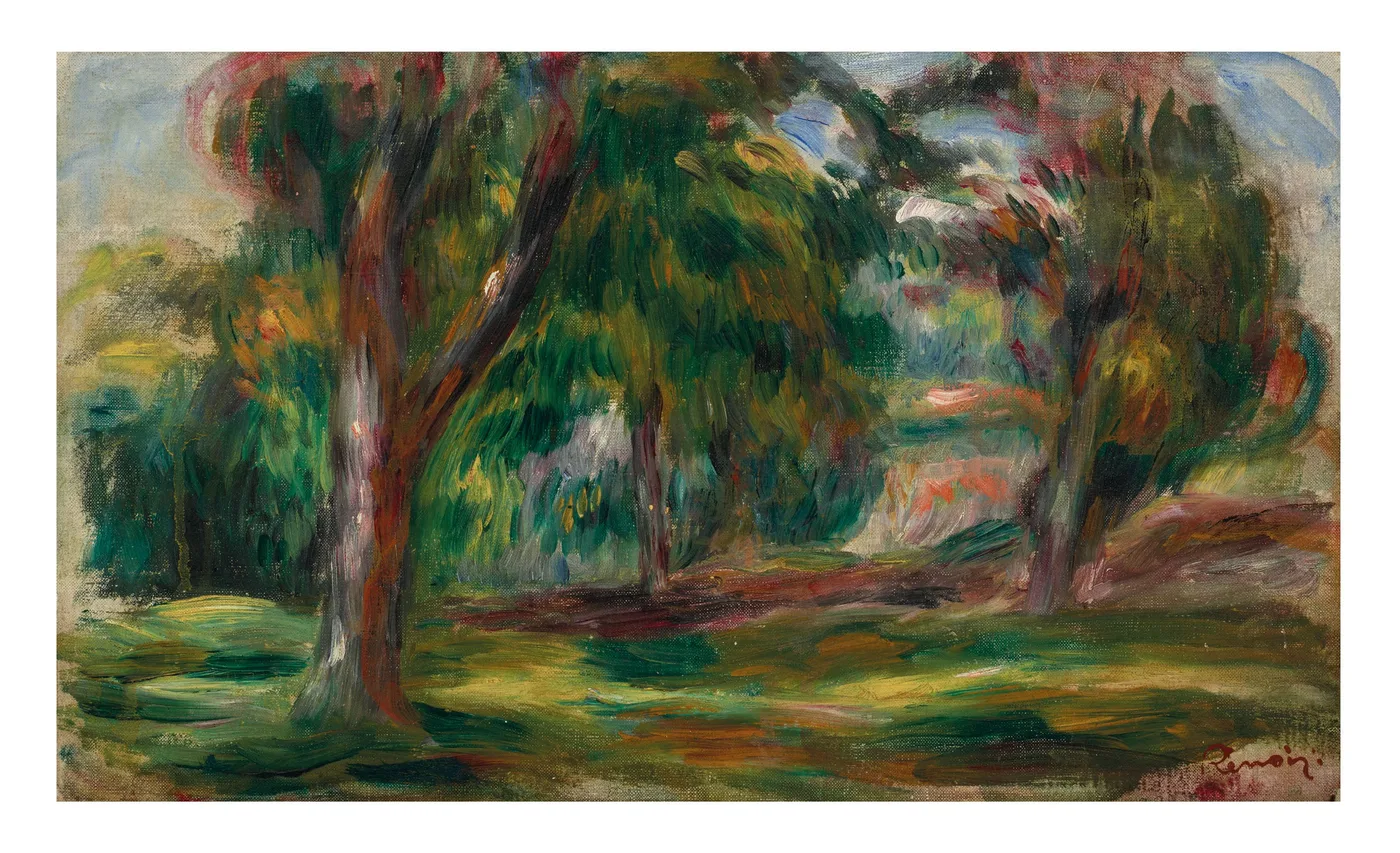 Two tall dark-trunked trees frame a green meadow with dense colourful foliage and a glimpse of blue sky.