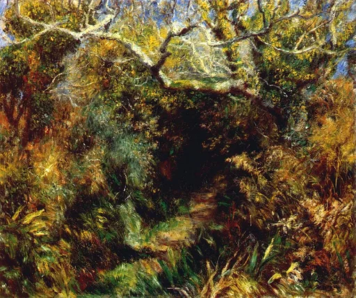 A dense thicket of gold and green foliage arches over a dark shadowed path, pale trunks against a glimpse of blue sky.