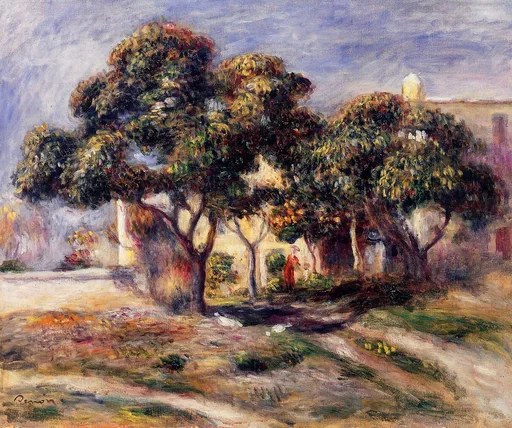 Sunlit medlar trees with dense foliage shade a house and a small red-cloaked figure walking along a garden path in Cagnes.