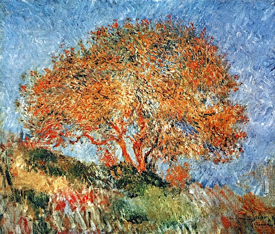 A single tree with fiery orange foliage set against a bright blue sky, in vivid orange, blue, and green