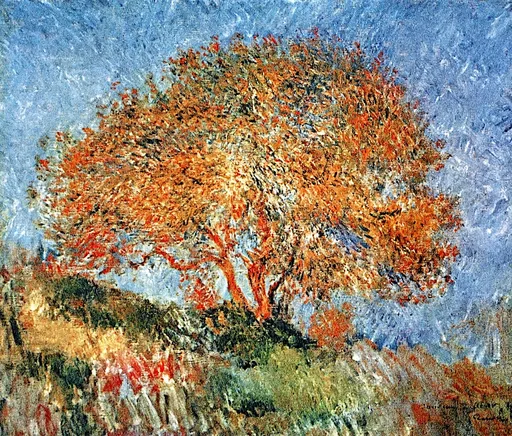 A single tree with fiery orange foliage set against a bright blue sky, in vivid orange, blue, and green