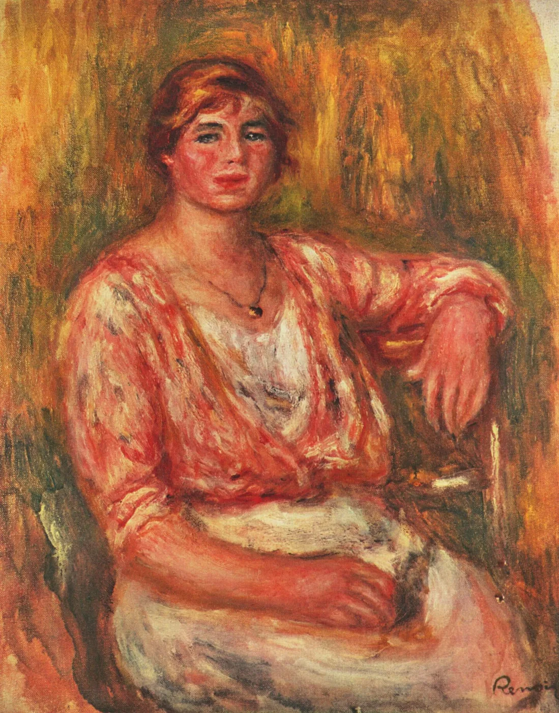 A red-haired woman in a pink blouse over a white top sits with her arm resting on a chair, against warm orange.