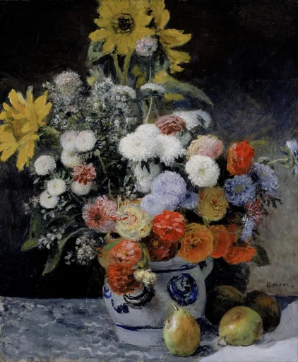 A bouquet of sunflowers, white and pink blossoms in a blue-and-white earthenware pot, with pears and apples on the table beside it.