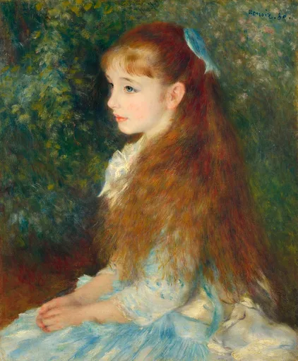 A young girl with long auburn hair and a blue ribbon sits in profile against a leafy green garden backdrop