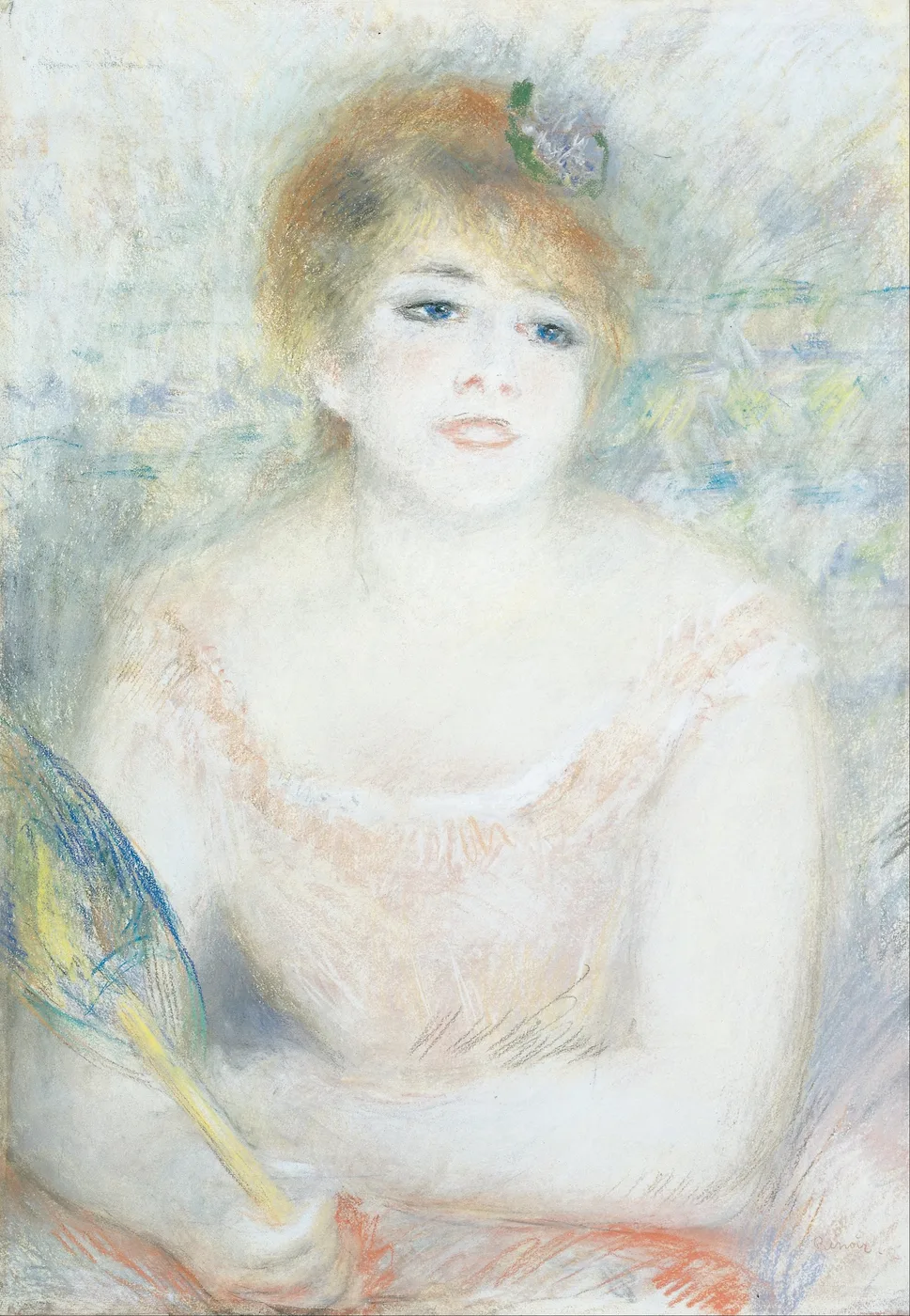 A pastel shows a red-haired woman in an off-shoulder white dress holding a blue fan, against a pale blue background.