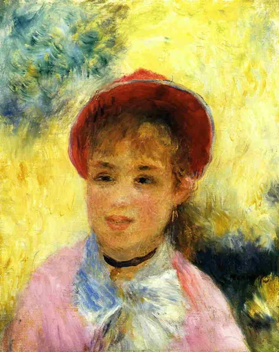 A woman in a small red hat and pink jacket wears a white blouse with a black choker, against a golden-yellow background.