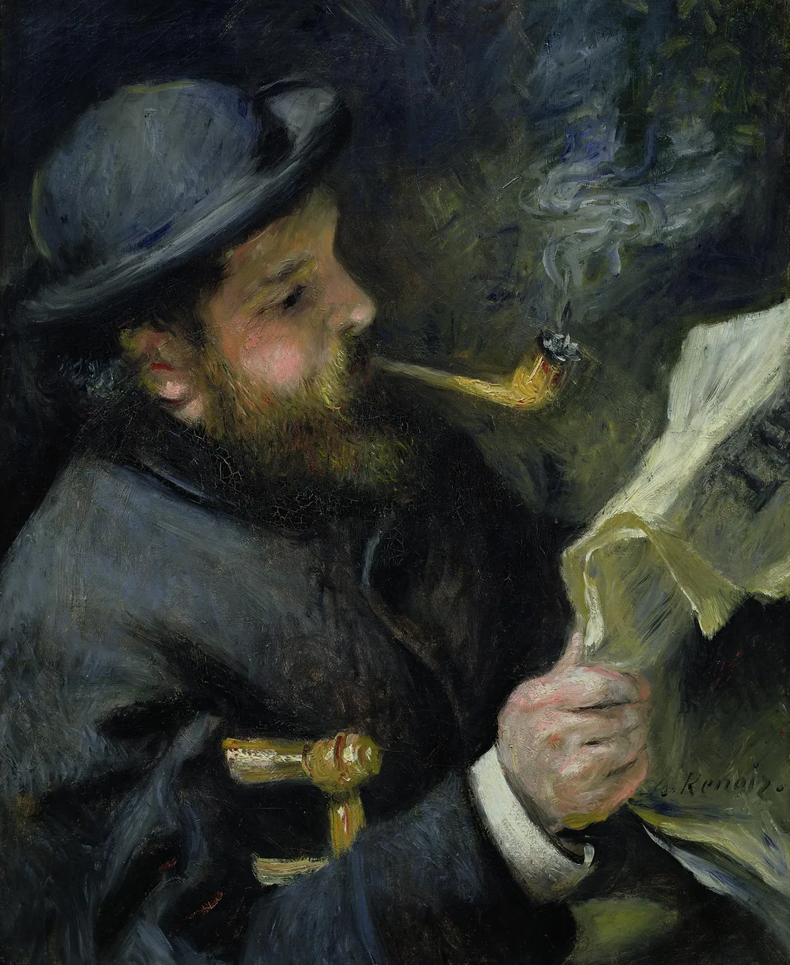 A bearded man in a dark bowler hat smoking a pipe while reading a newspaper, shown in profile against a dark green background