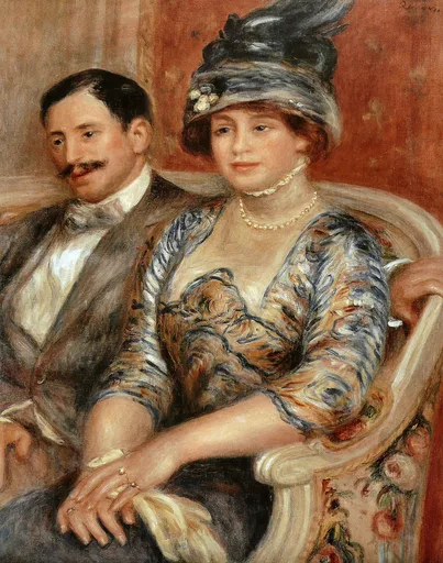 A mustachioed man in a dark suit sits behind a seated woman wearing a feathered hat, pearl necklace and patterned dress.