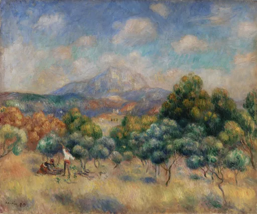 Provencal landscape with a pale mountain peak rising beyond olive trees and scrubland under a blue sky with soft clouds.
