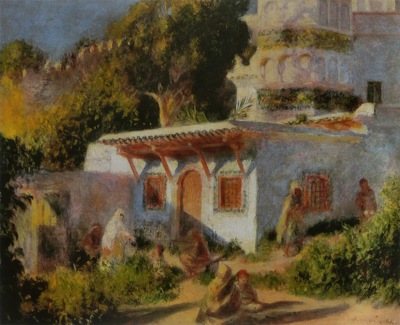 A whitewashed house with an arched red awning and shuttered windows in Algiers, robed figures near the doorway, trees behind.