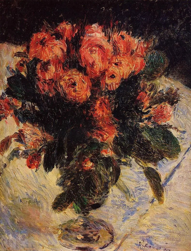 A dense bouquet of coral red roses in a vase against a dark background, set on a light cloth, in deep red, black, and cream