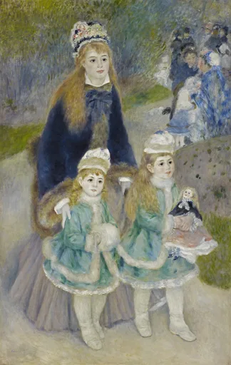 A mother in a dark blue coat walking a park path with two young girls in matching pale green outfits, one holding a doll, in blue, green, and cream