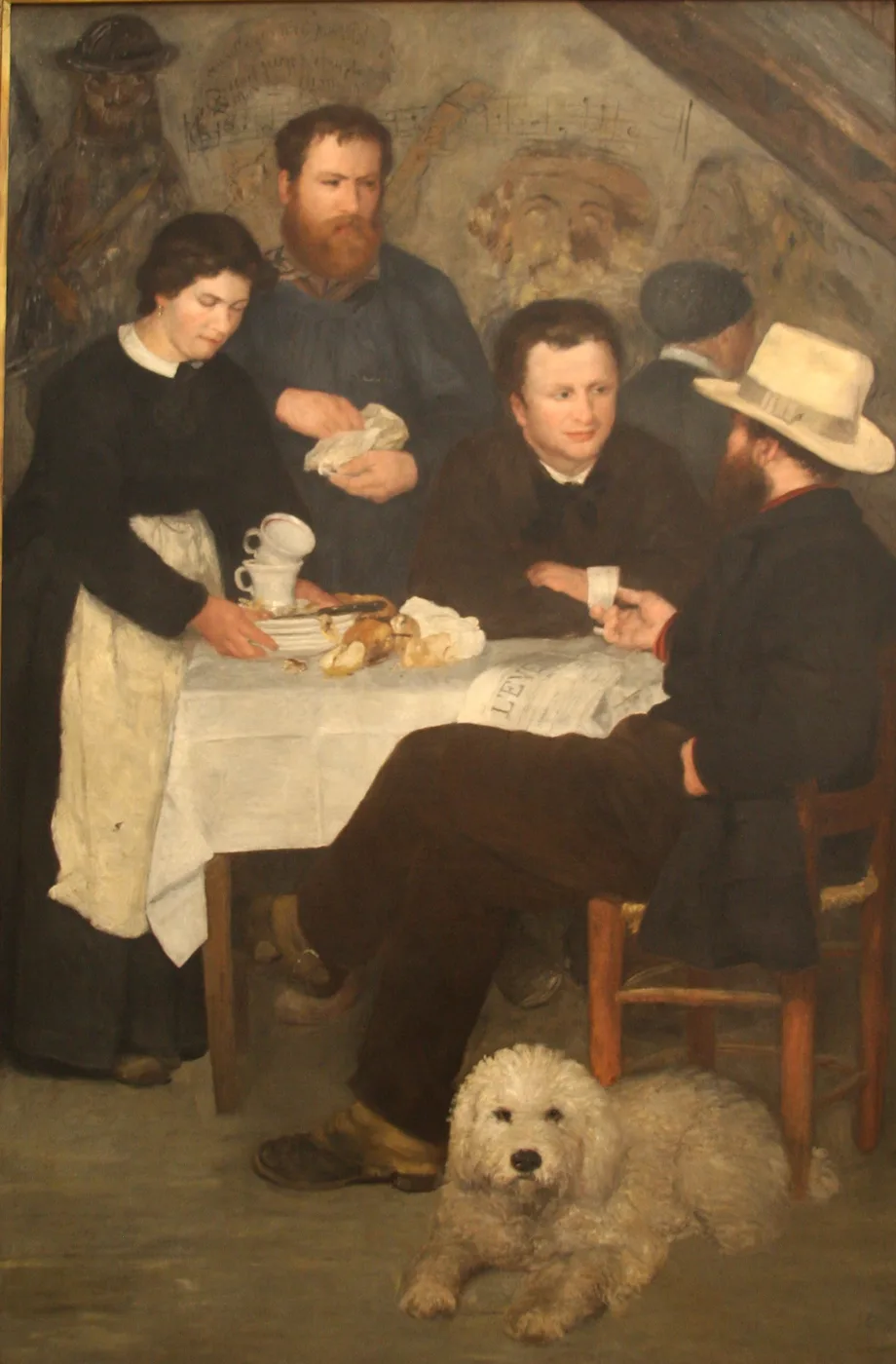 Men and a serving woman gathered around a tavern table with a newspaper and a shaggy white dog lying beneath it, in dark brown and grey