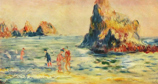 Bathers wade in shallow surf beside tall jagged rock formations on the shore at Moulin Huet Bay, painted in warm peach, gold and turquoise