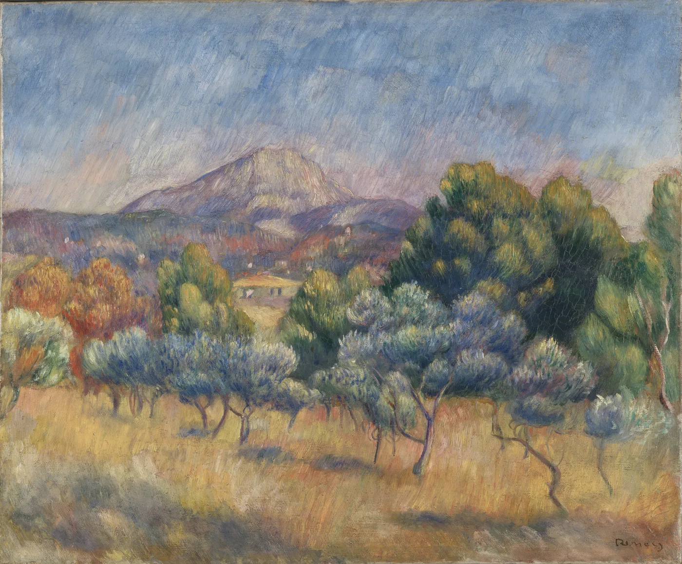 Provencal landscape with a pale mountain peak beyond olive trees and a small farmhouse under a hazy blue sky.