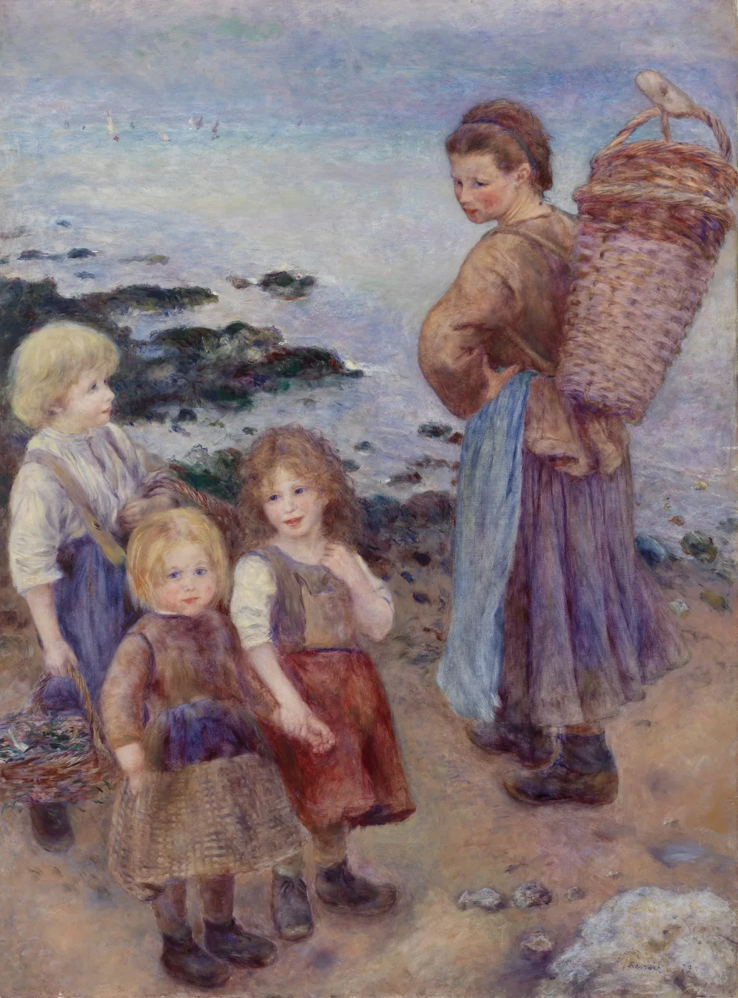 Four children on a rocky beach, one carrying a large wicker basket on her back, another holding a basket of mussels, sailboats on the horizon.