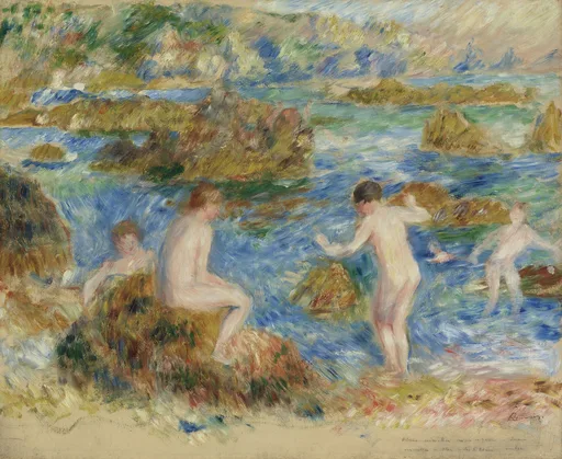 Nude boys playing among rocks in shallow coastal water at Guernsey, painted in bright blue, green and rust brushstrokes