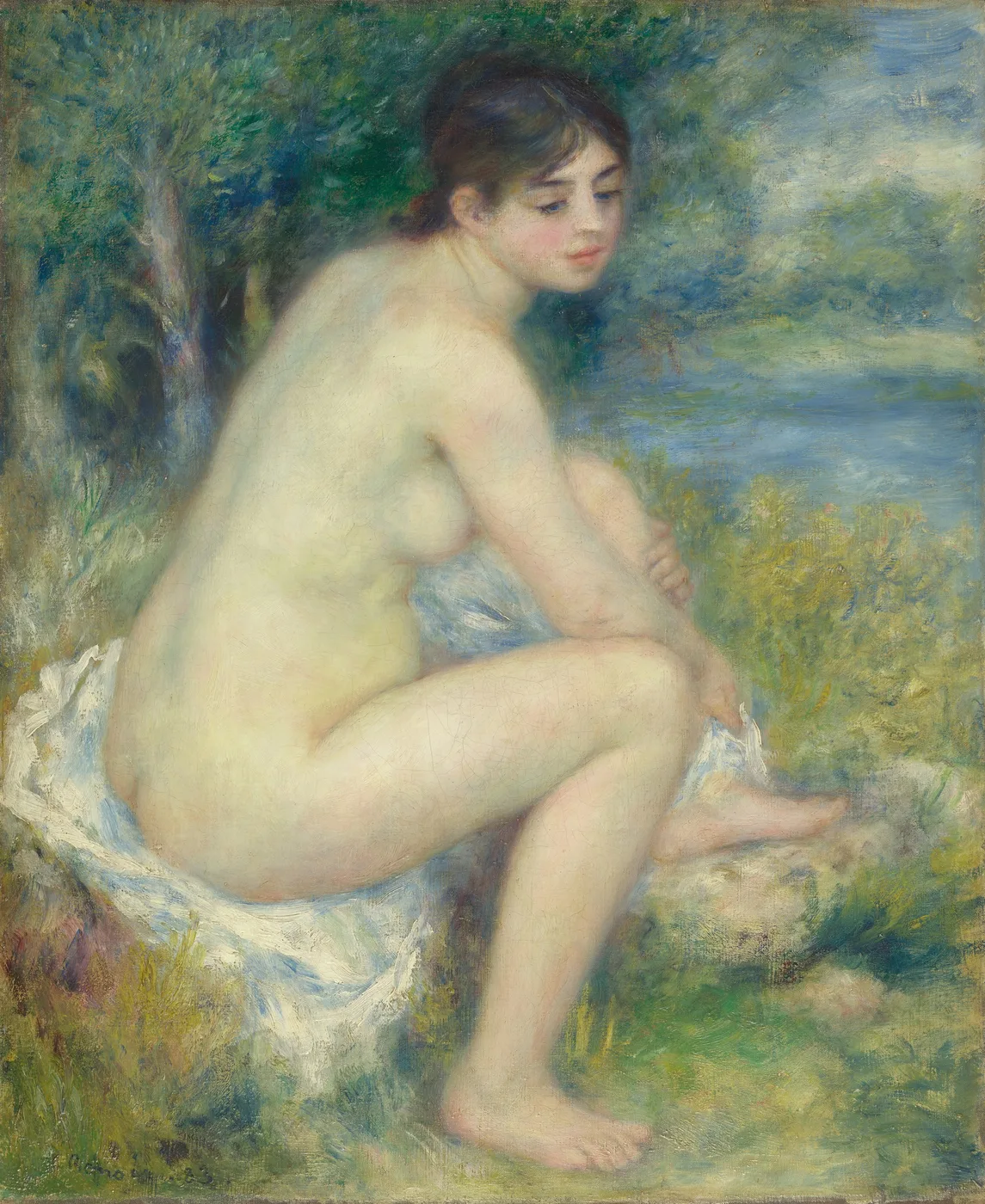 A nude woman seen from the back, seated on white drapery beside a pond, resting one foot on a rock, in pale flesh tones and green