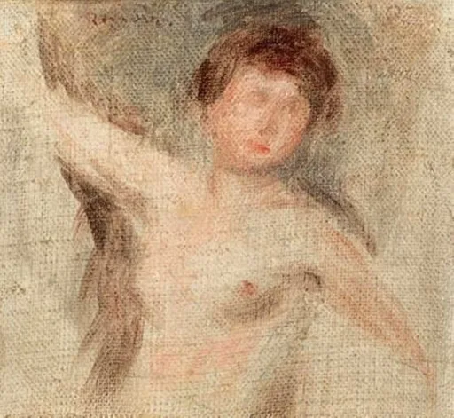 An unfinished sketch shows a nude woman's bust with arms raised, dark hair, in sparse thin brushwork.