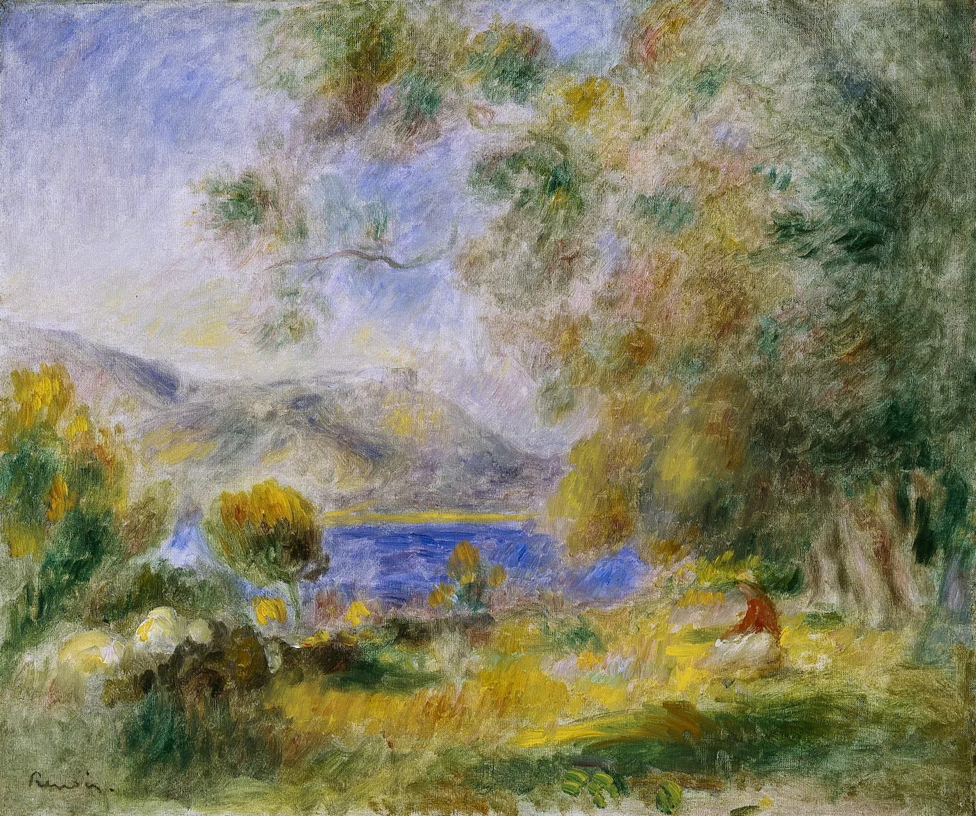 A small red-clad figure sits beneath golden trees overlooking a blue lake and distant mountains.