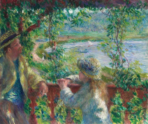 A man and a girl in a straw hat lean on a wooden railing beneath overhanging leaves to look at a sailboat on a lake, framed in vivid green and blue