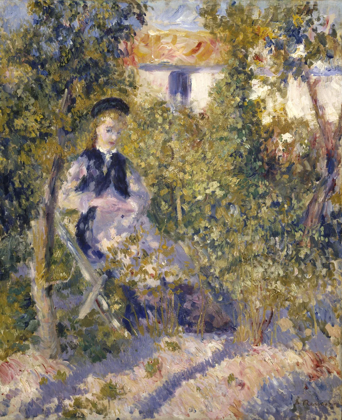 A young woman in a dark hat and navy jacket stands amid dense sunlit garden foliage, a white cottage glimpsed behind the leaves.