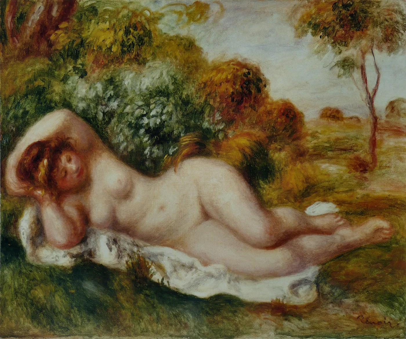 A nude woman reclines on a white cloth outdoors, one arm behind her head, surrounded by autumn-toned trees and open countryside.