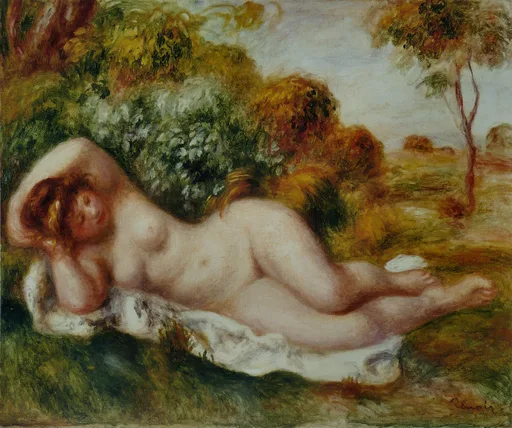 A nude woman reclines on a white cloth outdoors, one arm behind her head, surrounded by autumn-toned trees and open countryside.