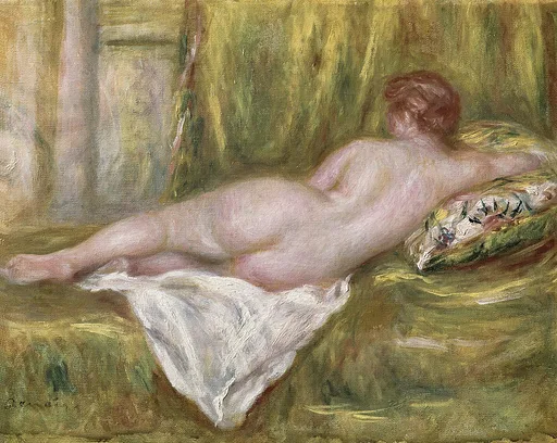 A reclining nude woman seen from behind, her head resting on a patterned cushion beside white drapery, in pale flesh tones and gold