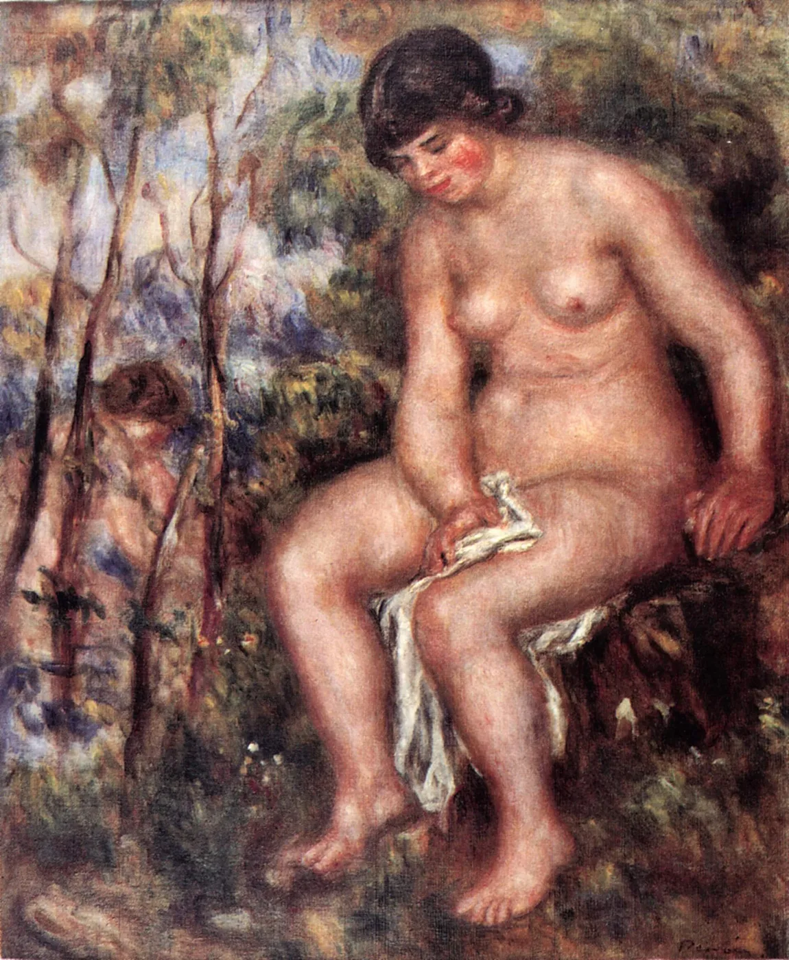 A seated nude woman drying her leg with a white cloth in a wooded clearing, with a second bather visible behind trees, in warm flesh tones and green