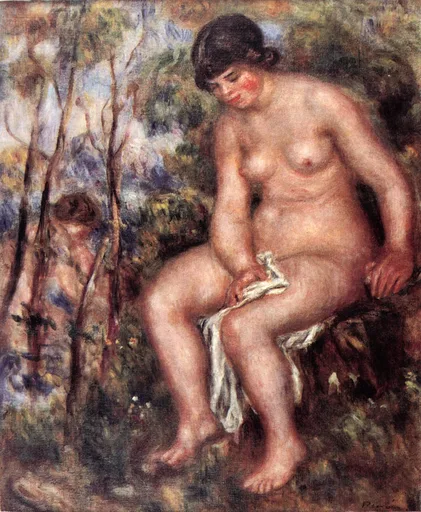 A seated nude woman drying her leg with a white cloth in a wooded clearing, with a second bather visible behind trees, in warm flesh tones and green