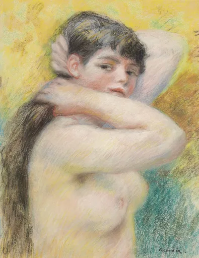 A pastel nude woman raises her arms to arrange her dark hair, against a warm yellow background with teal accents.