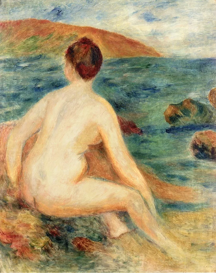 A seated nude bather seen from behind gazes at a green sea framed by rocks and a distant headland, in blue and ochre tones