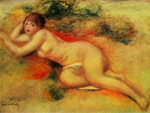 A reclining nude woman props herself on her elbow atop red drapery, against a golden-ochre background.